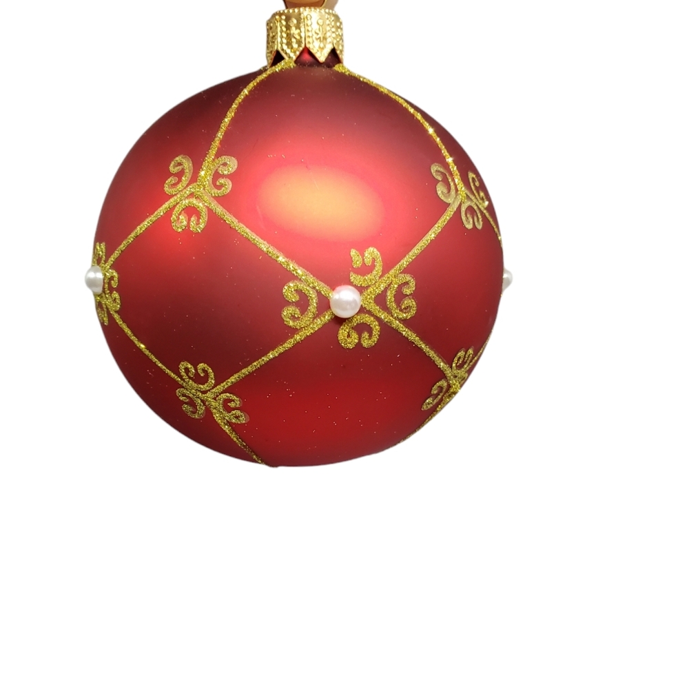 Vitbis Red With Gold Glittery Lattice Pearl Glass Christmas Ornaments 3โ Set 4 - Picture 5 of 9
